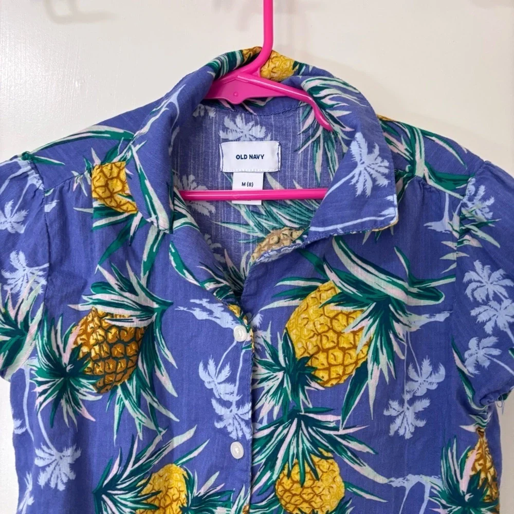 3/$15 Old Navy girls/kids Blue yellow Pineapple Button-Up Shirt size 8